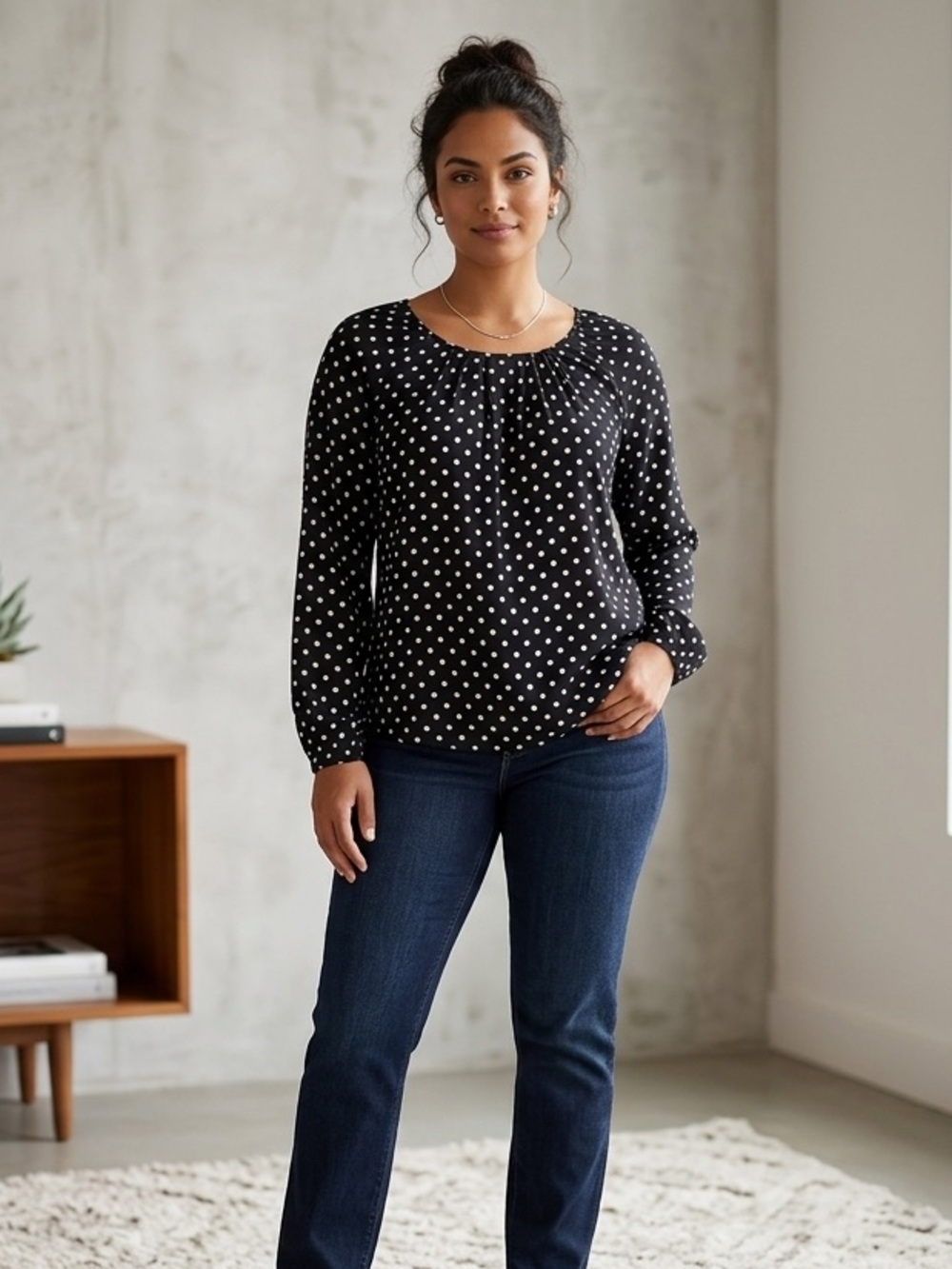 LOFT Black and White Polka Dot Long-Sleeve Blouse Size M Preppy Chic Work - Picture 6 of 6
